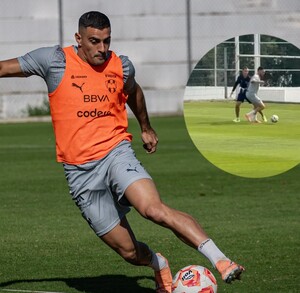 Germán Berterame entrenando con Rayados previo a la Liguilla.