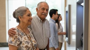 Adultos mayores en cajero automático para recibir pensión bienestar