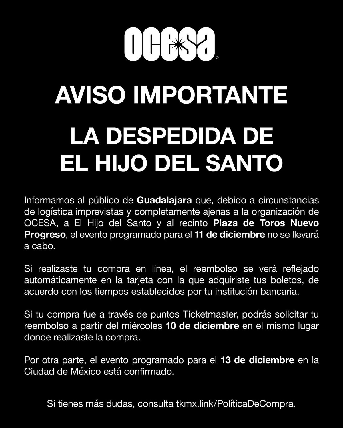 La despedida de El Hijo de El Santo en Guadalajara es cancelada este 11 de diciembre de 2025.