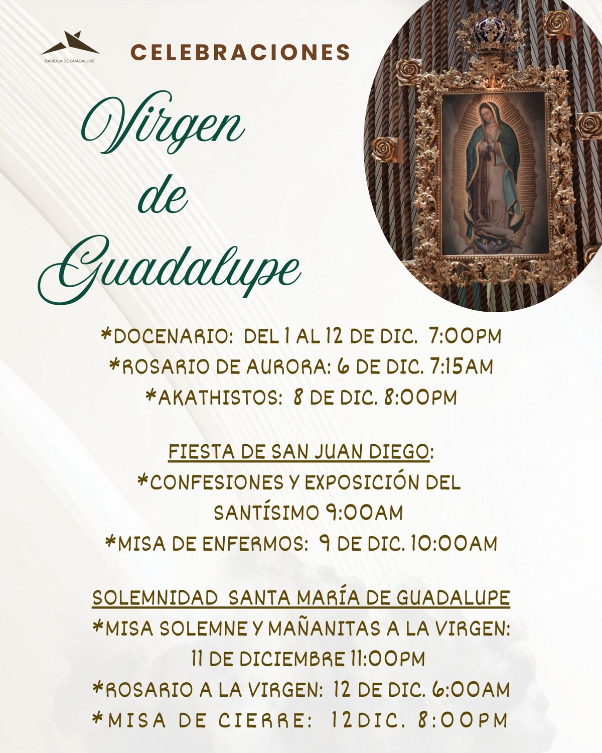 Horarios de misas Basílica de Guadalupe en Monterrey.