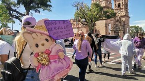 Una mujer de espaldas en una protesta sostiene un cartel con la imagen de un conejo de peluche. El cartel exige 