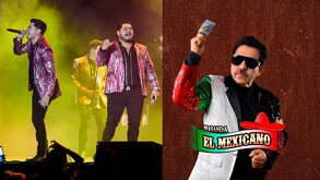 Una composición que muestra a dos cantantes de música regional mexicana en un escenario con luces de colores y a un artista de 