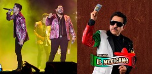 Una composición que muestra a dos cantantes de música regional mexicana en un escenario con luces de colores y a un artista de 