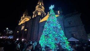 Gran árbol de Navidad cónico, iluminado con luces verdes y blancas, en una plaza con gente. Detrás se alza la Catedral de Guadalajara con iluminación cálida.