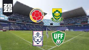 escudos de las selecciones de colombia, uzbekistán, sudáfrica y corea del sur y la cancha del estadio cuauhtémoc