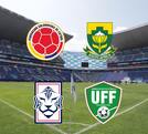 escudos de las selecciones de colombia, uzbekistán, sudáfrica y corea del sur y la cancha del estadio cuauhtémoc