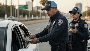 Dos agentes de vialidad de Jalisco recibiendo dinero de un conductor.