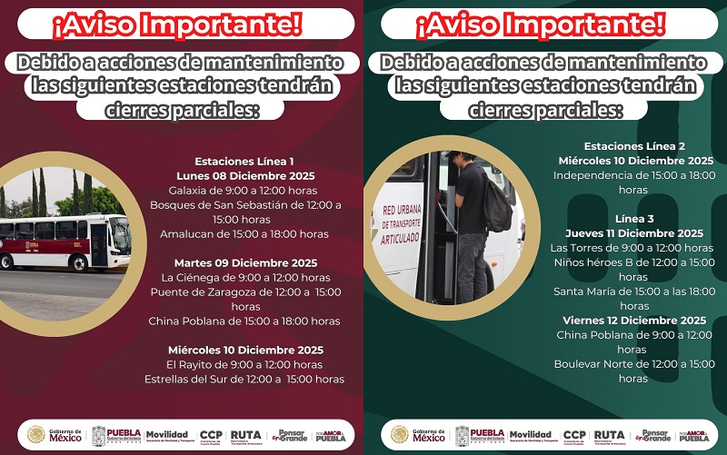 Dos infografías que indican estaciones cerradas en las líneas del servicio de RUTA en Puebla.