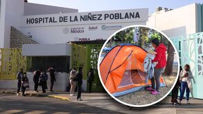 Fachada del Hospital del Niño Poblano con la imagen sobrepuesta de una mujer.