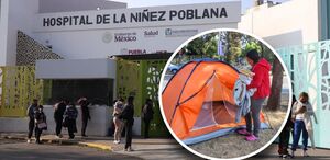 Fachada del Hospital del Niño Poblano con la imagen sobrepuesta de una mujer.