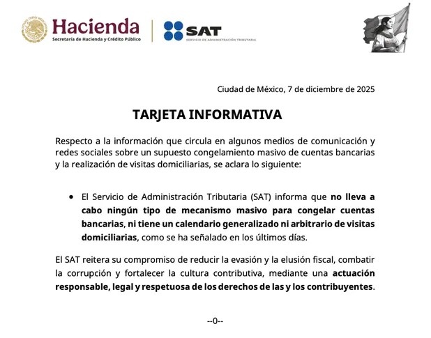 Comunicado SAT sobre visitas a domicilio en México