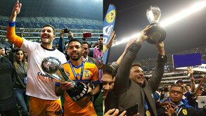 André-Pierre Gignac y Javier Aquino levantando la copa del Apertura 2017 y Mohamed alzando la del Apertura 2014.