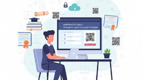 Ilustración digital moderna de una persona usando una computadora portátil para tramitar un certificado electrónico en Jalisco, con elementos visuales que repre