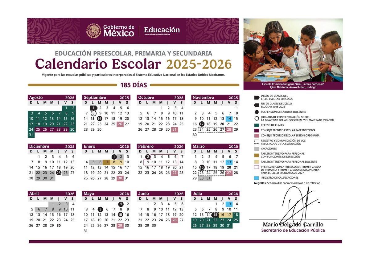 Calendario escolar oficial de escuelas de nival básico 2025-2026 de la SEP. .