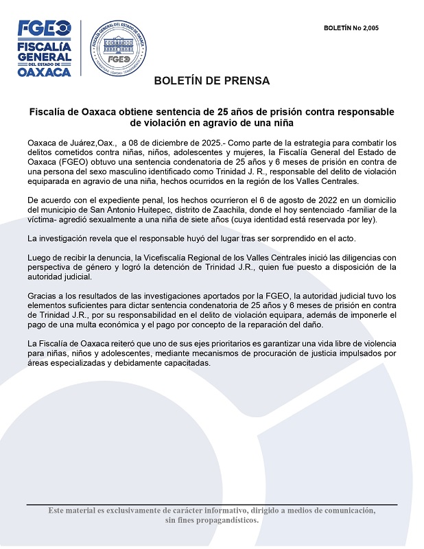 Comunicado de la Fiscalía de Oaxaca en el cual se notifica la sentencia contra un hombre que abusó sexualmente de su sobrina.
