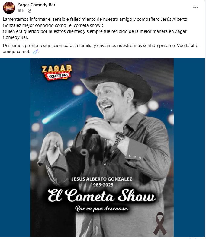 Publicación de Zagar Comedy Bar sobre muerte de El Cometa Show