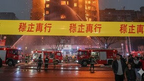 Cinta amarilla de prohibido el paso en idioma chino frente a departamento incendiado