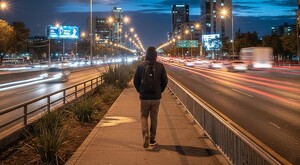 Hombre con una mochila visto de espaldas mientras camina por la banqueta en medio de una avenida con múltiples autos transitando a gran velocidad