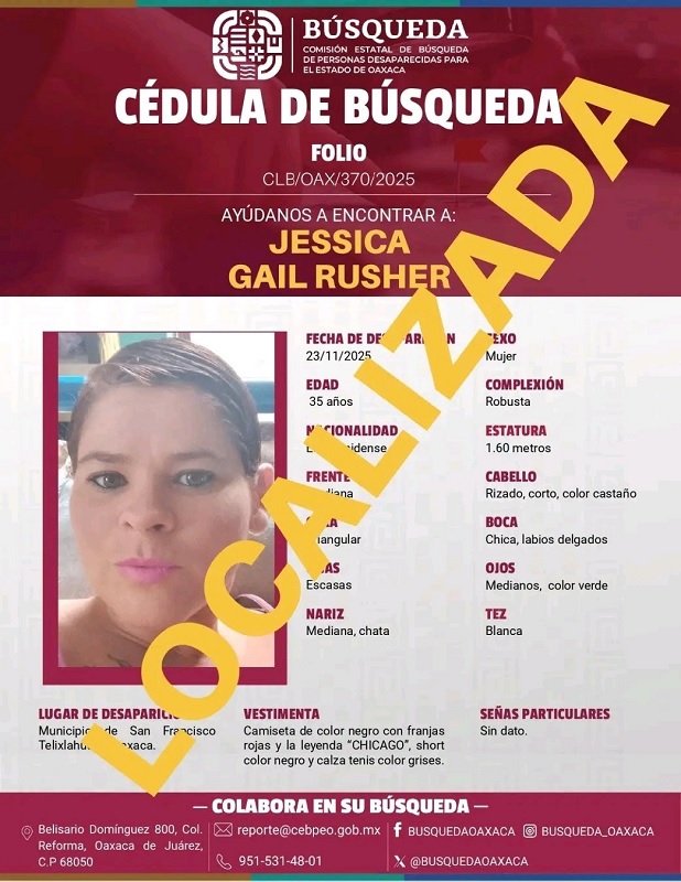 Ficha de búsqueda de una persona desaparecida en Oaxaca con un cintillo que dice 