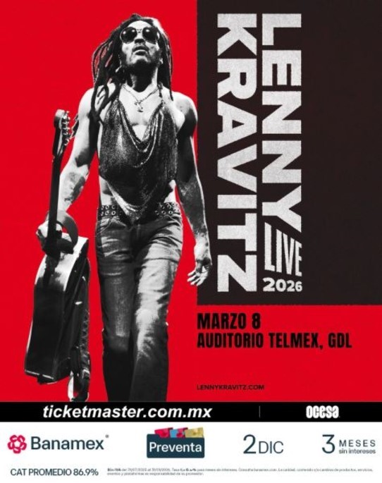 Flyer oficial del concierto de Lenny Kravitz en Guadalajara con fondo rojo con la fecha, lugar y detalles de la venta de boletos del evento