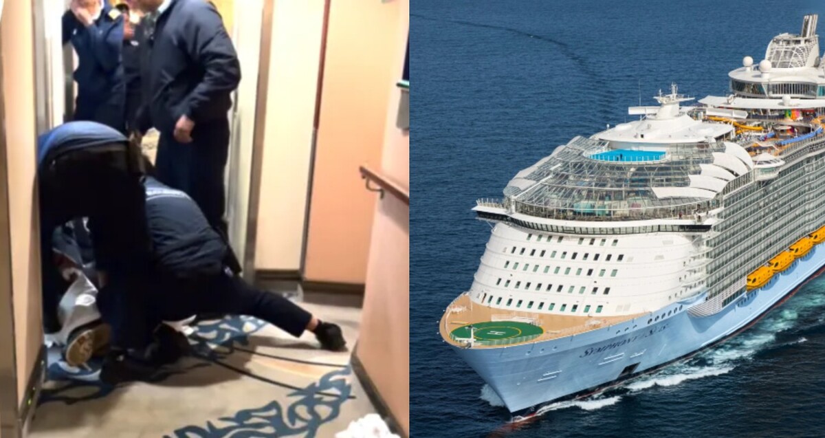 A la izquierda: capturas del video donde tripulantes someten a un pasajero del crucero. A la derecha: un crucero de Royal Caribbean navegando en el mar