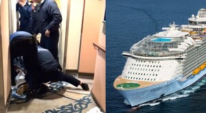 A la izquierda: capturas del video donde tripulantes someten a un pasajero del crucero. A la derecha: un crucero de Royal Caribbean navegando en el mar