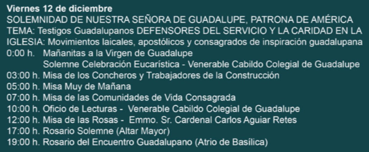 Horarios de misas en la Basílica de Guadalupe para el 12 de diciembre.