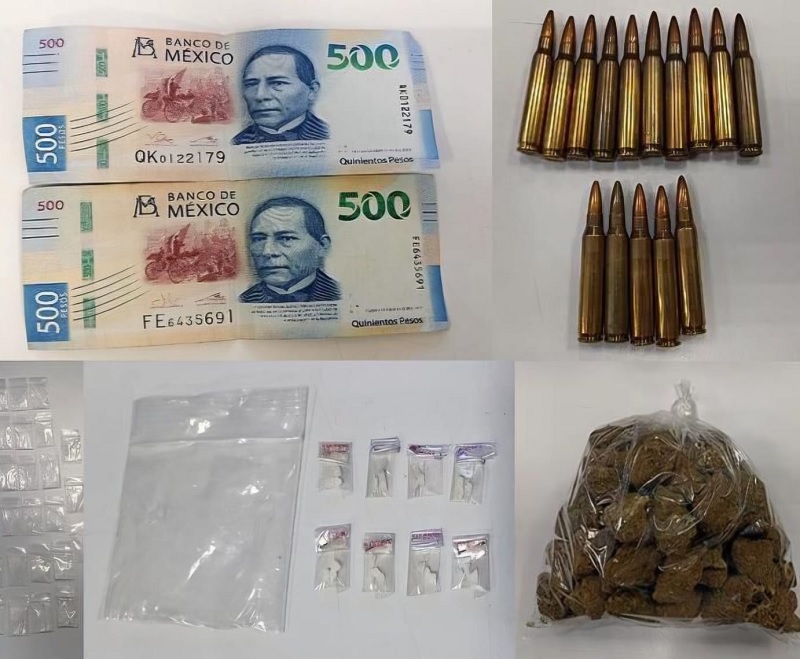 Armas de bala, droga y dinero en efectivo decomisada a una persona detenida.