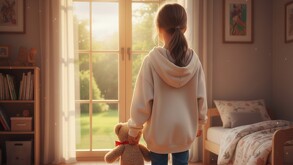 Se observa a una niña con cabello oscuro de espaldas que carga un oso de peluche con su mano.