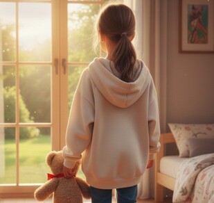 Se observa a una niña con cabello oscuro de espaldas que carga un oso de peluche con su mano.