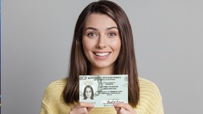 Se observa un fondo gris, una muchacha sonriendo y trae en sus manos una credencial.