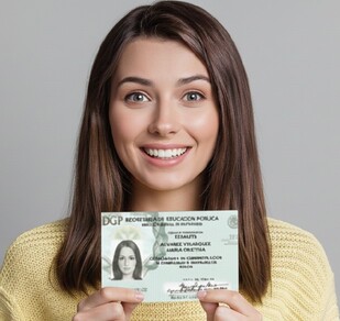 Se observa un fondo gris, una muchacha sonriendo y trae en sus manos una credencial.