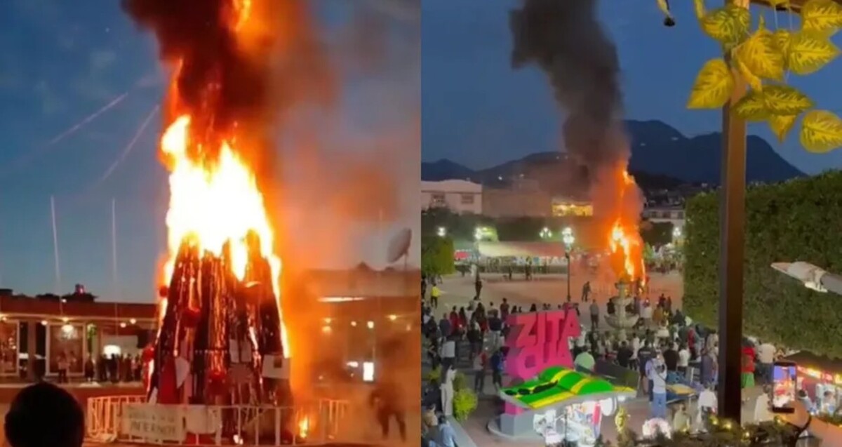 A la izquierda: árbol de Navidad ardiendo en llamas en plaza pública. A la derecha: vista desde otro punto del incendio del árbol de Navidad con gente alrededor