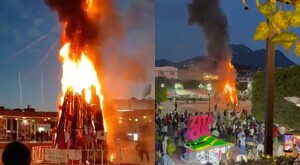 A la izquierda: árbol de Navidad ardiendo en llamas en plaza pública. A la derecha: vista desde otro punto del incendio del árbol de Navidad con gente alrededor