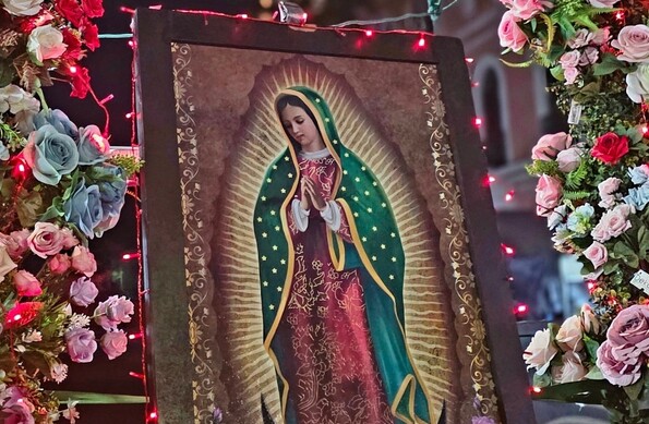 Virgen de Guadalupe en cuadro rodeada de flores de diferentes colores