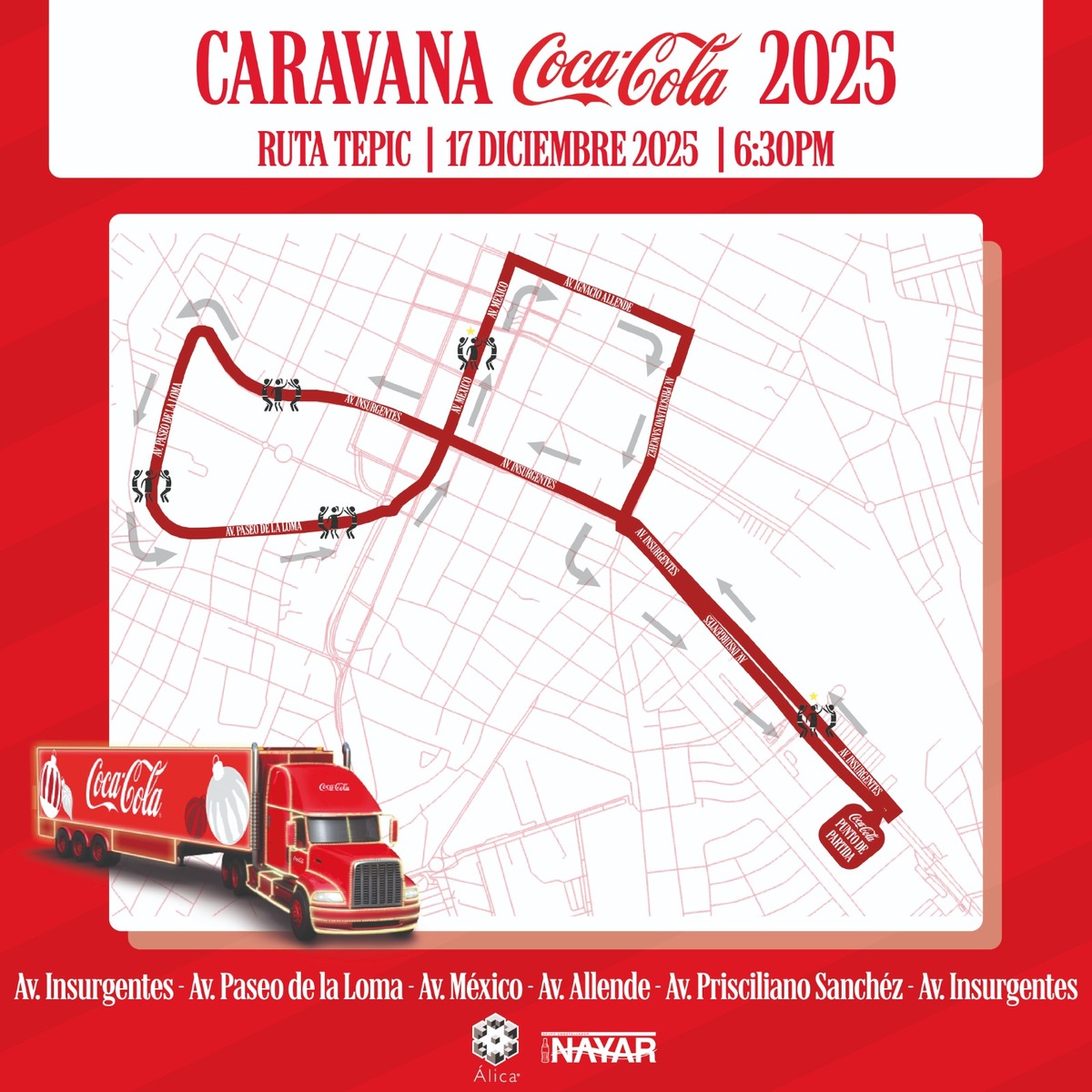 Mapa de la ruta para la Caravana Coca Cola en Tepic en 2025