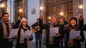 Personas afuera de una casa pidiendo posada con luces de bengala