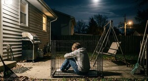 Joven encerrada en una jaula para perros vistiendo una sudadera y jeans, en el patio de una casa en Estados Unidos durante la noche