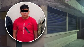 Imagen de un hombre detenido sobrepuesta a un aspecto del Mercado Morelos en Puebla.