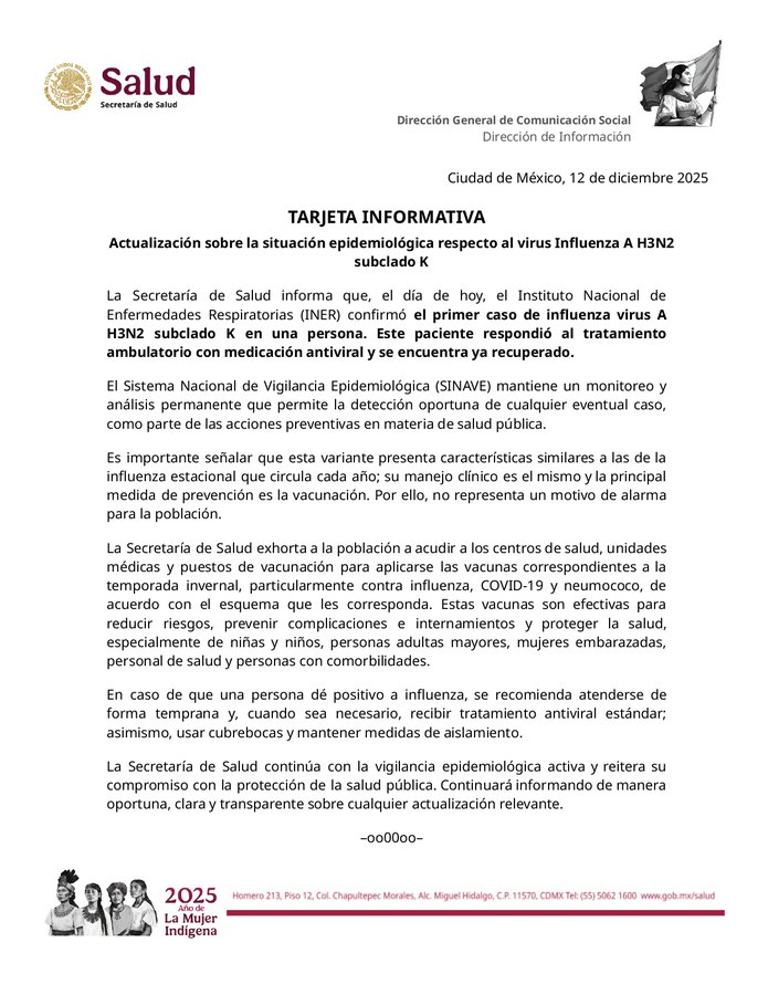Secretaría de Salud confirma primer caso de influenza H3N2 en México