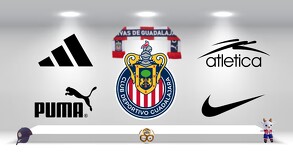 El escudo del Club Deportivo Guadalajara (Chivas) en el centro de un podio con logos de marcas deportivas: Adidas, Puma, Nike, y Atlética.
