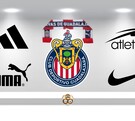 El escudo del Club Deportivo Guadalajara (Chivas) en el centro de un podio con logos de marcas deportivas: Adidas, Puma, Nike, y Atlética.