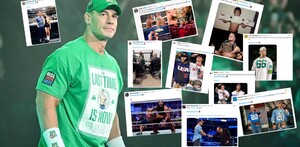 John Cena junto a varios mensajes de despedida que le otorgaron personalidades y equipos deportivos.