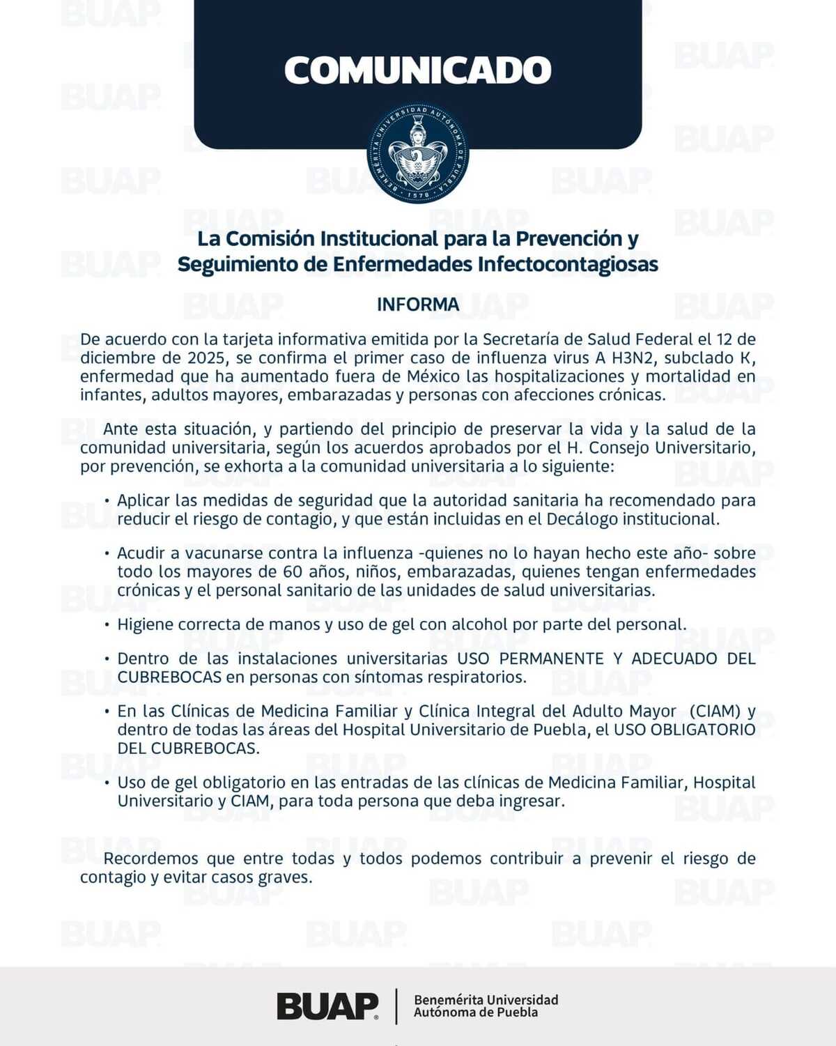 LA BUAP emitió un comunicado para evitar contagios de AH3N2 en la universidad.