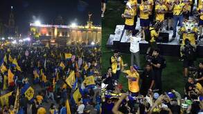 Aficionados de Tigres festejando el campeonato del equipo en la Macroplaza y en 2023 en el estadio Universitario.