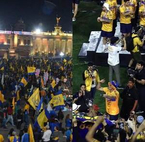 Aficionados de Tigres festejando el campeonato del equipo en la Macroplaza y en 2023 en el estadio Universitario.