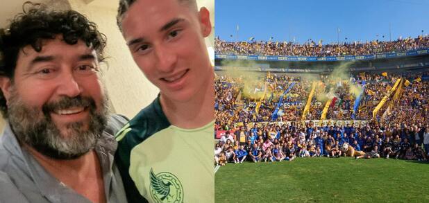 Rubén Flores y Marcelo Flores junto a su familia en el estadio Universitario en la practica de Tigres previo a la Final de vuelta del Apertura 2025.