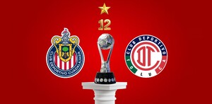 Un gráfico de fondo rojo que muestra los escudos de Chivas y Toluca a la izquierda y derecha, respectivamente, y un trofeo de fútbol en el centro.