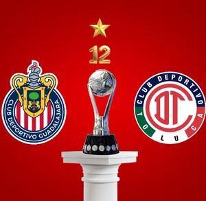 Un gráfico de fondo rojo que muestra los escudos de Chivas y Toluca a la izquierda y derecha, respectivamente, y un trofeo de fútbol en el centro.