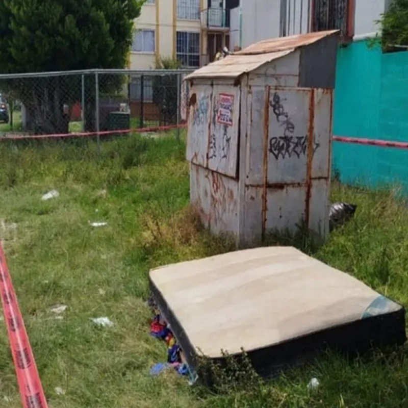 Un colchón tirado en un campo verde, junto a una caseta oxidada.